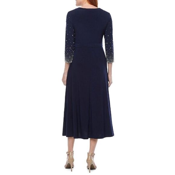 Woman PLUS MSK Navy Beaded Fit & Flare Stretch V-neck Dress midi dress 1X  New - Picture 3 of 11